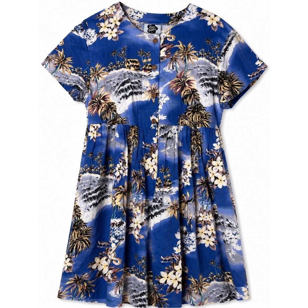 Vintage Hilo Hattie Hawaii M Floral Aloha Muumuu Dress Pockets Button Down Blue